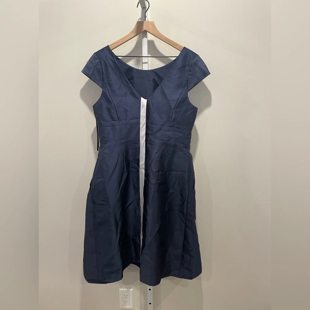 Alfred Sung Cap Sleeve Pleated Cocktail Dress With Pockets  Navy Size 14 - Picture 9 of 10